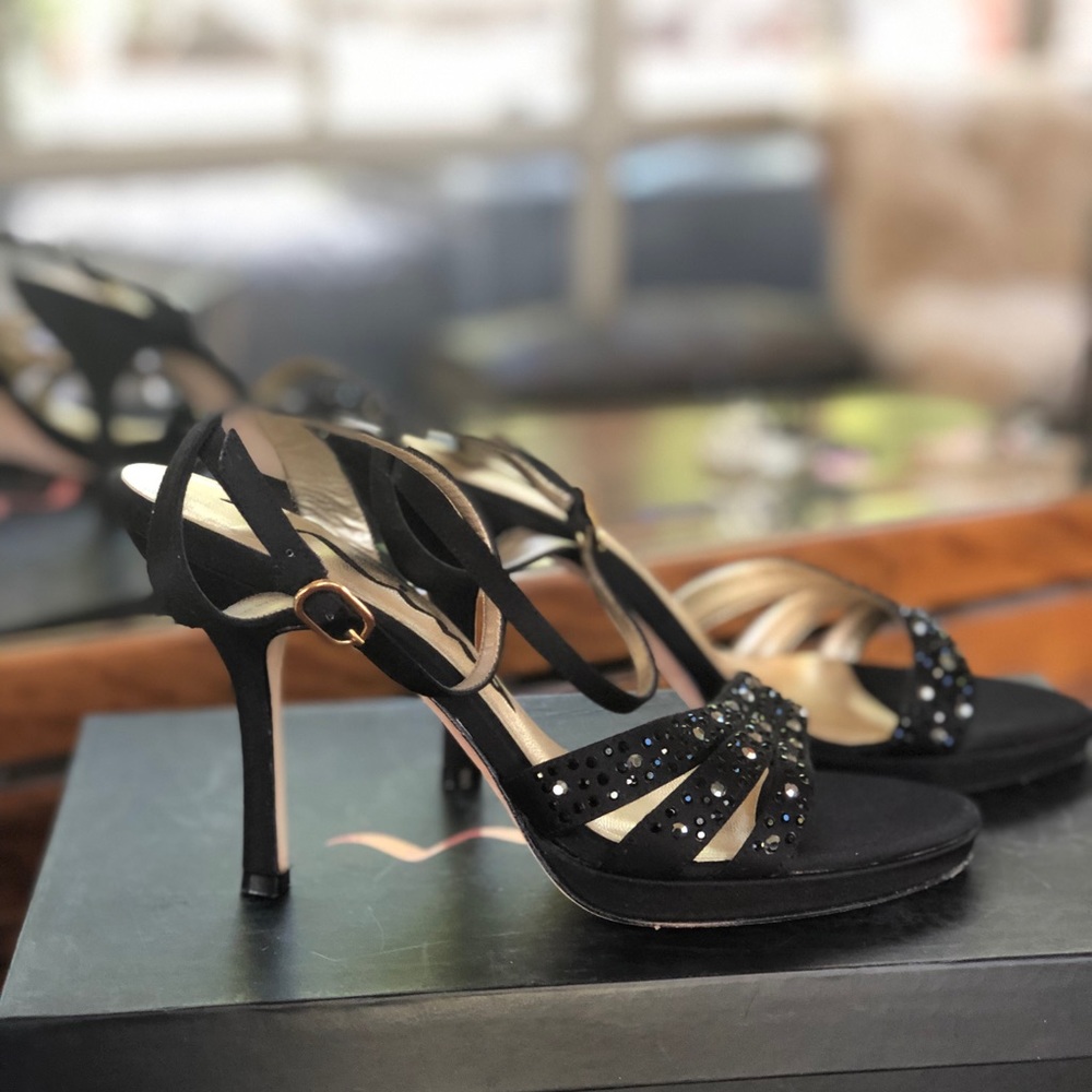 Nina Gideon rhinestone blk satin/silk heels, NICE - Picture 3 of 6